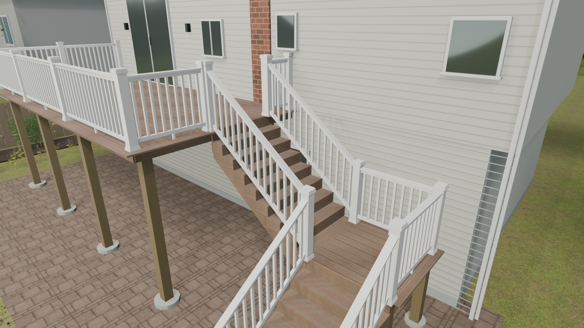 Second view of the same deck showing the returning staircase, landing, and timber supports