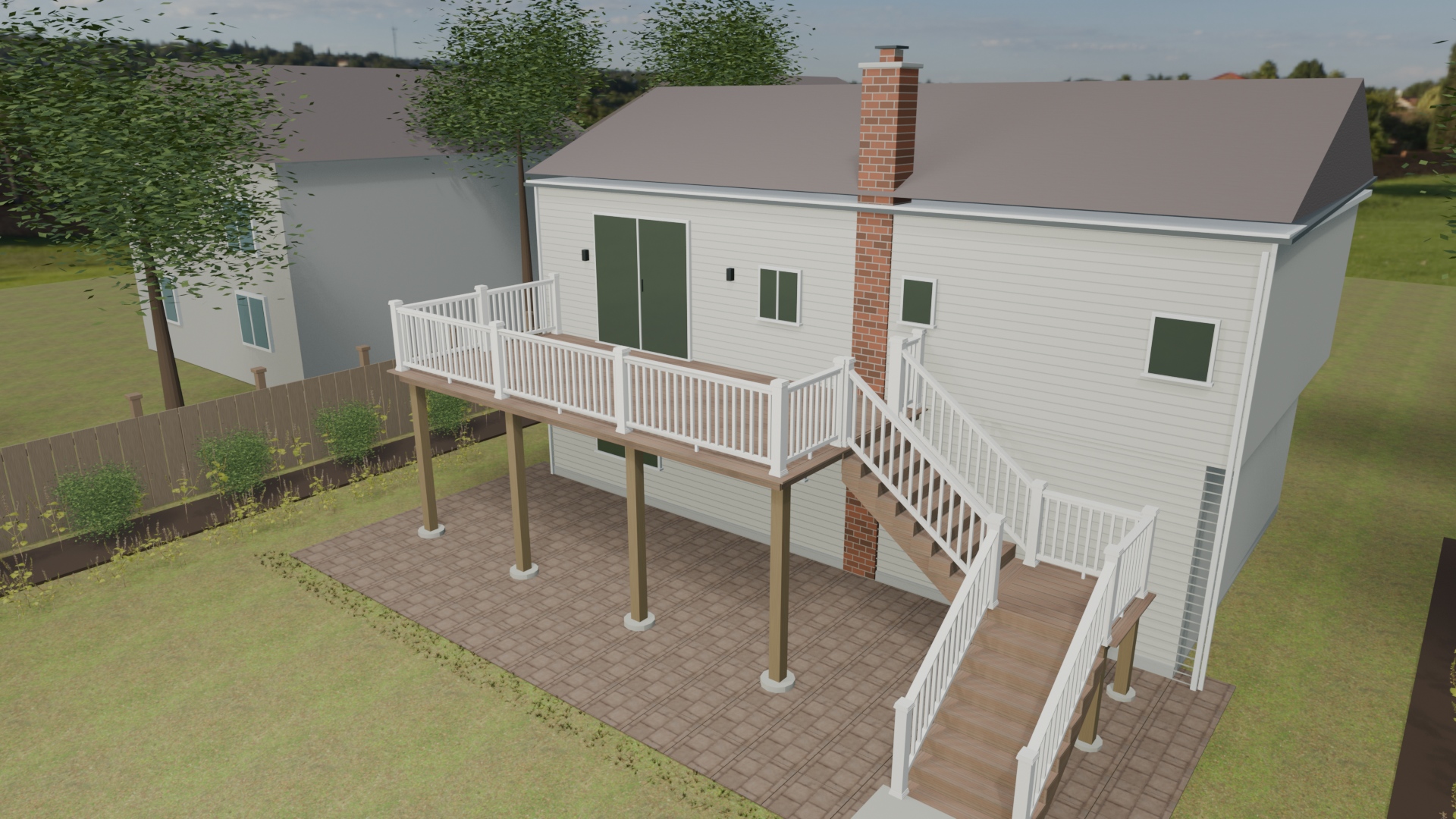 Wide view of the modeled deck, white railing, house, lawn, and surrounding fence